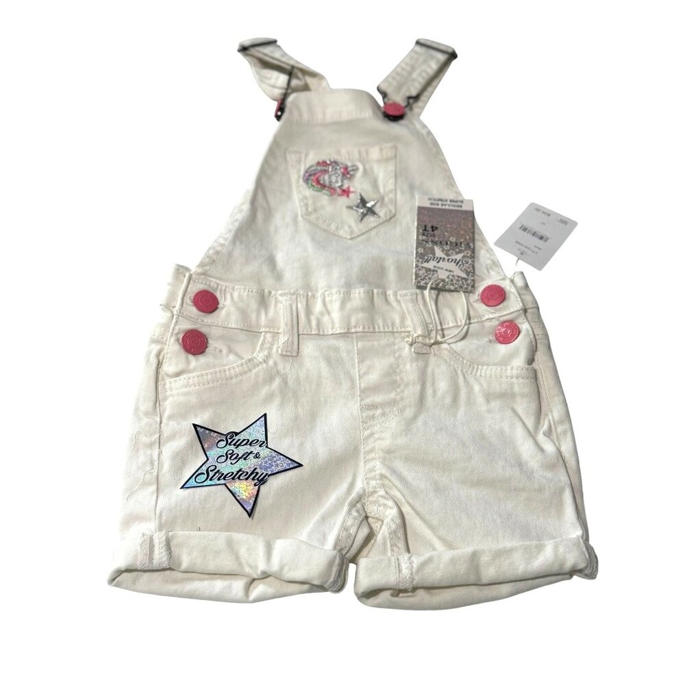 Vigoss Toddler Girls White Stretchy Overalls Size 4T With Pink Buttons & Star Pa